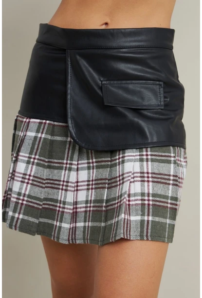 Kadın Haki-Siyah Kazayağı Suni Deri Mini Etek NH93