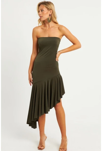 Kadın Haki Straplez Asimetrik Midi Elbise DMR337