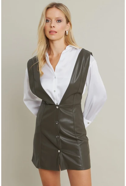 Kadın Haki Suni Deri Mini Elbise NH796