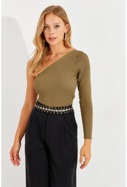 Kadın Haki Tek Omuz Triko Bluz YV204