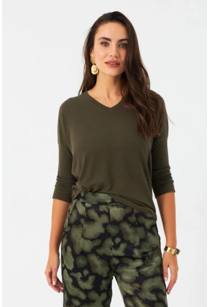Kadın Haki V Yaka Bluz RX446