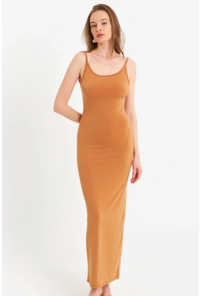 Kadın Hardal Ayarlanabilir Askılı Maxi Elbise MEN2004