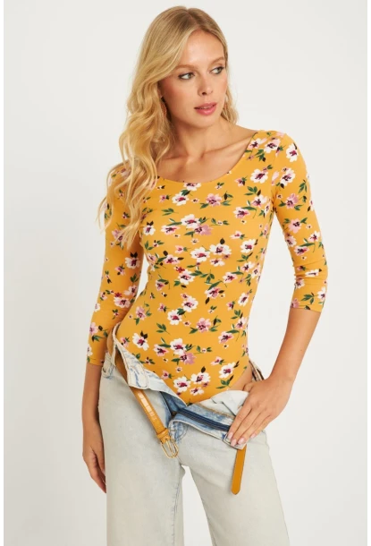 Kadın Hardal Çiçek Desenli Çıtçıtlı Body RK40