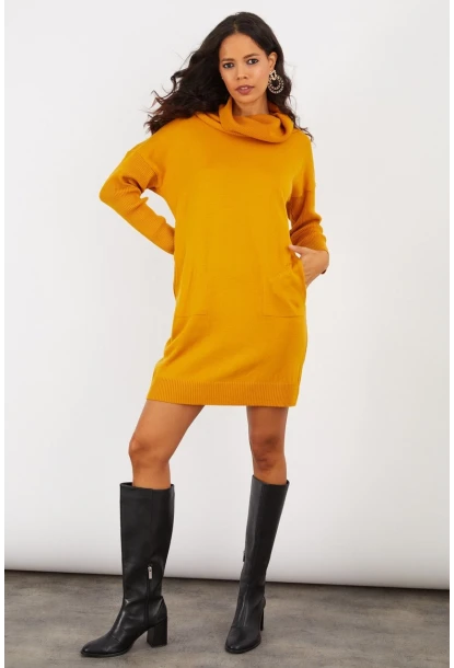 Kadın Hardal Degaje Yaka Triko Mini Elbise YV73