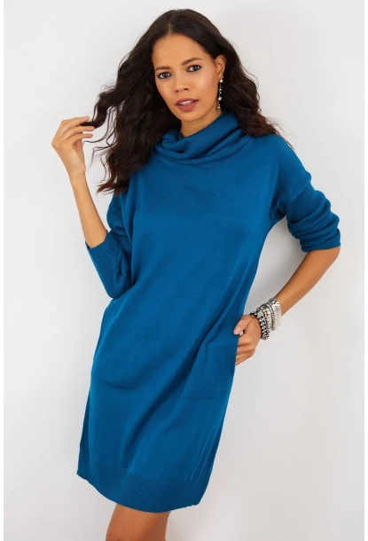 Kadın İndigo Degaje Yaka Triko Mini Elbise YV73