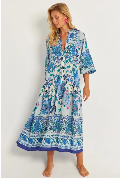 Kadın İndigo Desenli Midi Elbise GÇ169