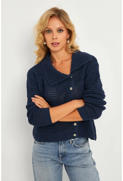 Kadın İndigo Geniş Yakalı Triko Hırka MİW4571