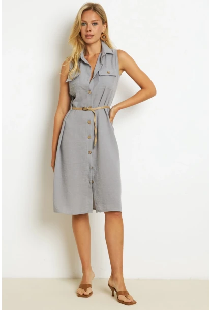 Kadın İndigo Kemerli Gömlek Midi Elbise SGT404
