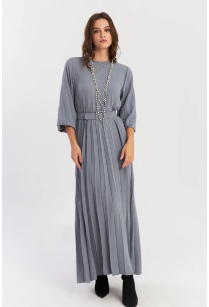 Kadın İndigo Kemerli Plili Maxi Elbise ALZ500