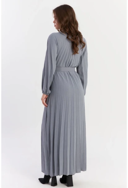 Kadın İndigo Kemerli Plili Maxi Elbise ALZ500