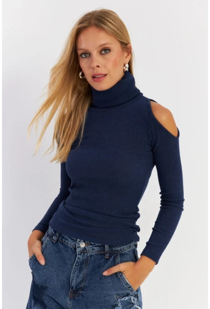 Kadın İndigo Omuzları Açık Kaşkorse Bluz HOR04