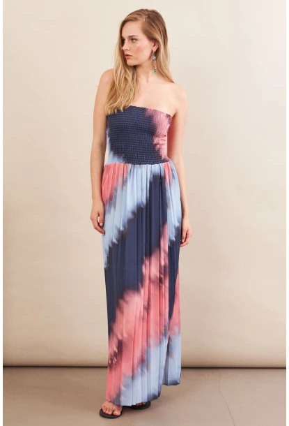 Kadın İndigo-Pudra Straplez Pilise Uzun Elbise MSİ100