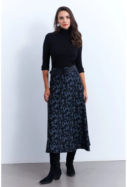 Kadın İndigo-Siyah Desenli Çan Etek LON3007