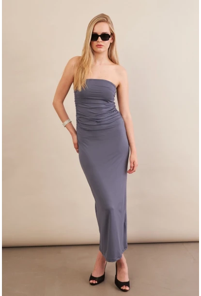 Kadın İndigo Straplez Büzgülü Midi Elbise MX2005