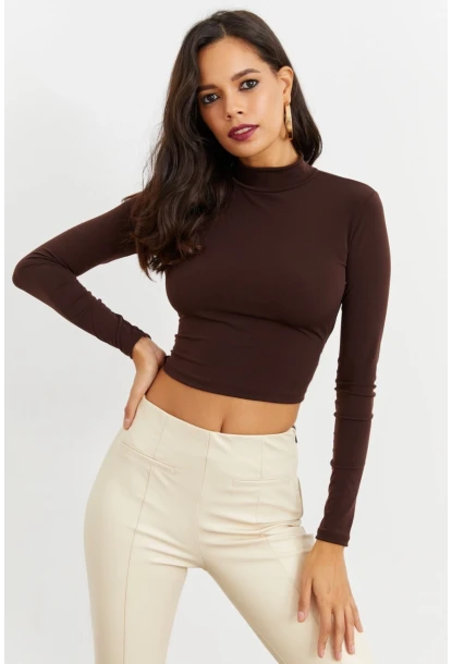 Kadın Kahve Beli Açık Crop Bluz GÇ115