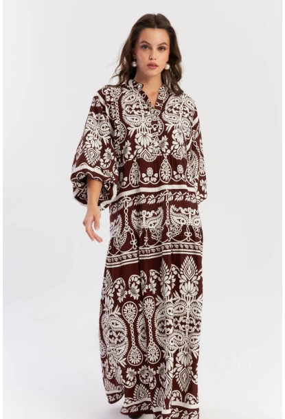 Kadın Kahve-Beyaz Etnik Desenli Maxi Dokuma Elbise ALO325