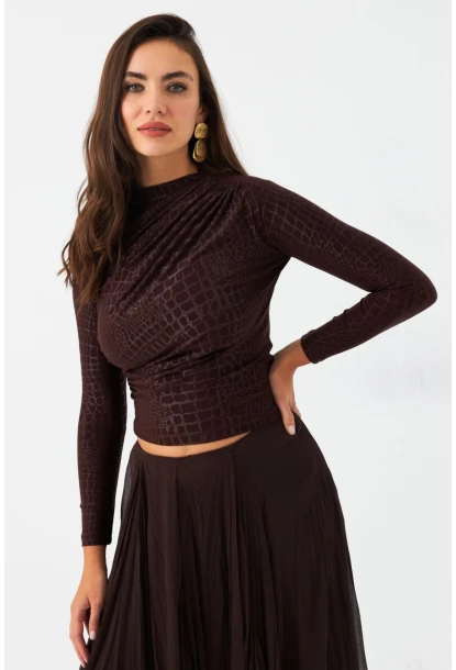 Kadın Kahve Desenli Büzgülü Bluz LPP1279