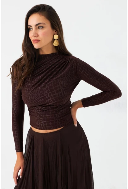 Kadın Kahve Desenli Büzgülü Bluz LPP1279