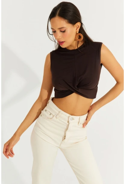 Kadın Kahve Önü Düğümlü Crop Bluz SDY2018