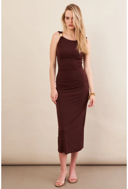 Kadın Kahverengi Aksesuarlı Büzgülü Midi Elbise İRE102