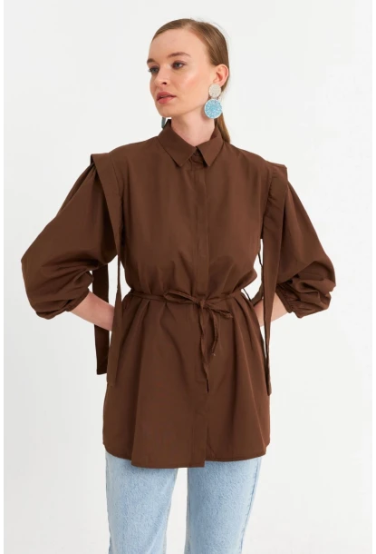 Kadın Kahverengi Bağlama Detaylı Basic Gömlek MASF185