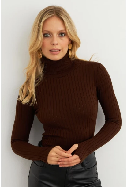 Kadın Kahverengi Balıkçı Yaka Triko Bluz MYV102-90