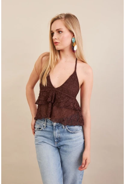 Kadın Kahverengi Dantel Bluz ZH324