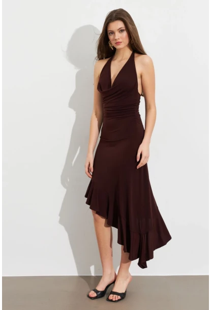 Kadın Kahverengi Degaje Asimetrik Midi Elbise İRE1436