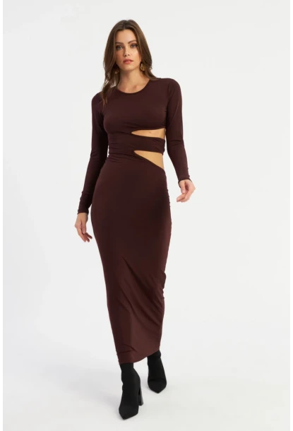 Kadın Kahverengi Dekolteli Maxi Yılbaşı Elbise LİK9