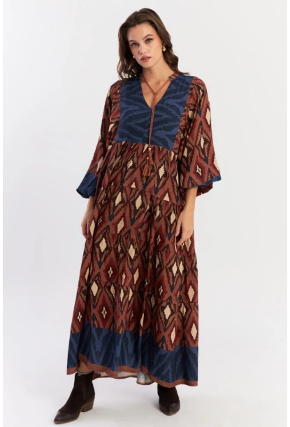 Kadın Kahverengi Desenli Dokuma Maxi Elbise ALO235