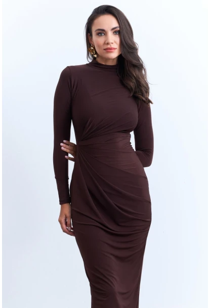 Kadın Kahverengi Drapeli Maxi Elbise LİK12