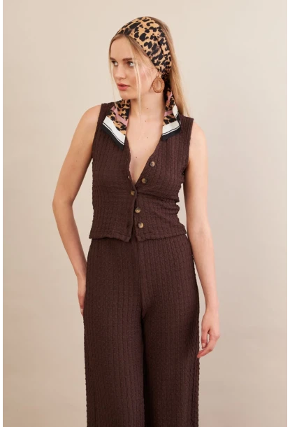 Kadın Kahverengi Gofre Yelek Pantalon Takım FLU330