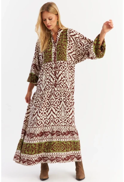 Kadın Kahverengi-Haki Volanlı Maxi Elbise MALO11