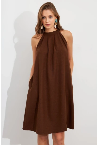 Kadın Kahverengi Halter Yaka Midi Elbise NH5029
