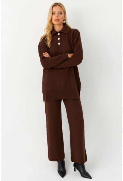 Kadın Kahverengi İnci Düğmeli Triko Alt Üst Takım MNUV33