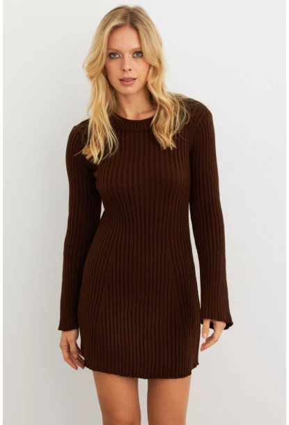Kadın Kahverengi İspanyol Kol Triko Mini Elbise YV273