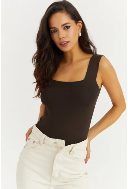 Kadın Kahverengi Kare Yaka Triko Bluz YV80