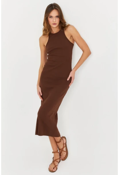 Kadın Kahverengi Kolsuz Kaşkorse Midi Elbise EY3049