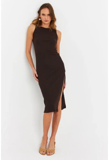 Kadın Kahverengi Kolsuz Kaşkorse Midi Elbise OR2032-1
