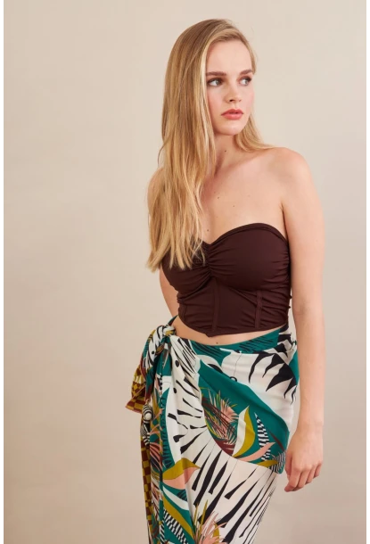 Kadın Kahverengi Korse Dikişli Crop Bluz AN6025