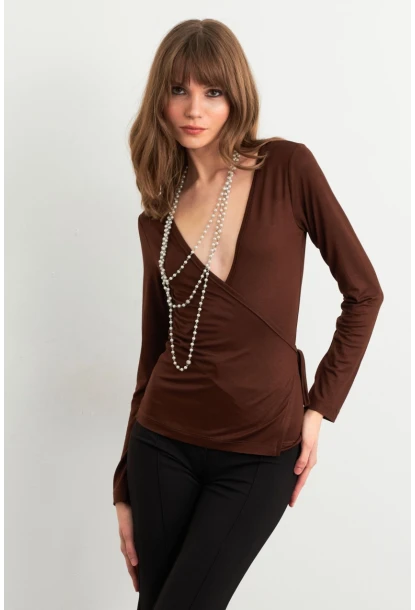 Kadın Kahverengi Kruvaze Bağlamalı Bluz EY3036