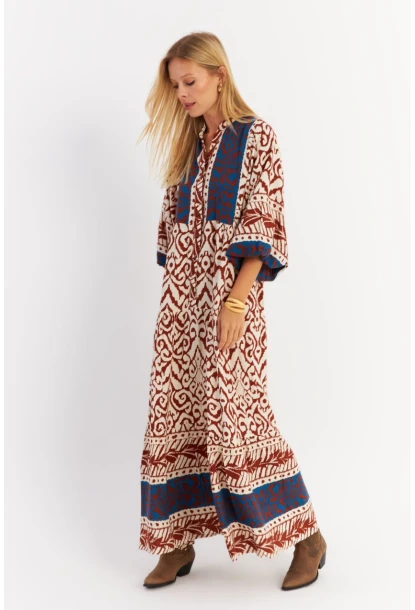 Kadın Kahverengi-Lacivert Volanlı Maxi Elbise MALO11