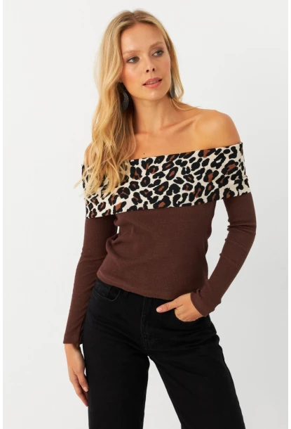 Kadın Kahverengi Leopar Bloklu Madonna Bluz AYD396