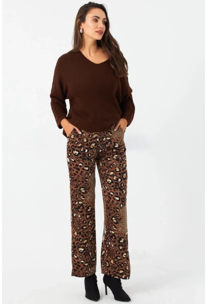 Kadın Kahverengi Leopar Desenli Saten Pantolon CAR1069