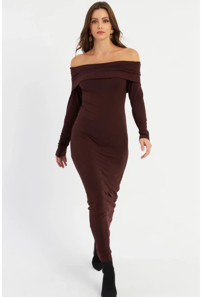 Kadın Kahverengi Madonna Yaka Maxi Elbise LİK10