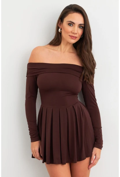 Kadın Kahverengi Madonna Yaka Midi Elbise MON1262