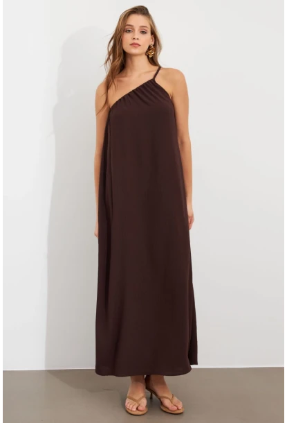 Kadın Kahverengi Tek Omuz Maxi Elbise İRE1012