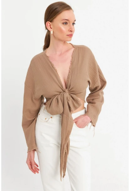Kadın Kahverengi Müslin Crop Bluz PC20700