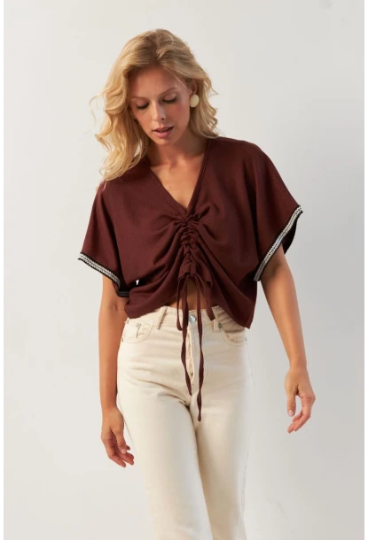 Kadın Kahverengi Önü Büzgülü Bluz XL2039
