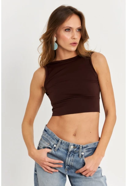 Kadın Kahverengi Sırt Bağlamalı Crop Bluz EY2733